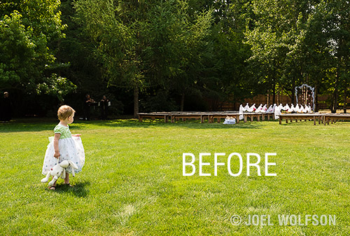 A toddler at her first wedding stares in awe at the altar and decorations.