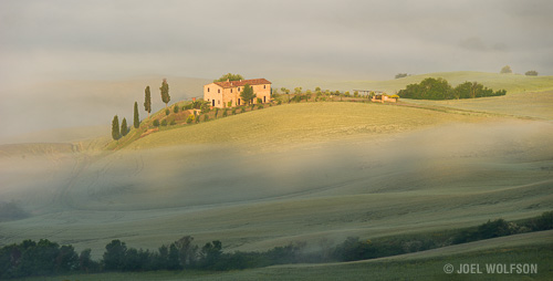 The view of the valley below at sunrise from our home base for the workshop in Tuscany