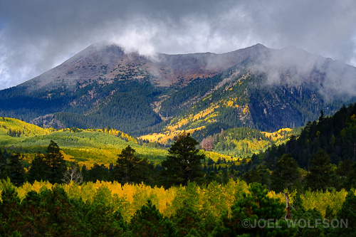 Without the early morning fog augmenting the fall color in these mountains I would not have had much of shot with this composition due to an otherwise boring gray sky. The mist was moving fast so I shot quickly and handheld with the lens that was already mounted on the X-Pro2. It was the 100-400mm f4.5-5.6 zoom at 100mm, f11, 1/500 sec ISO 800. I used the EVF for viewing set on the Velvia film simulation.